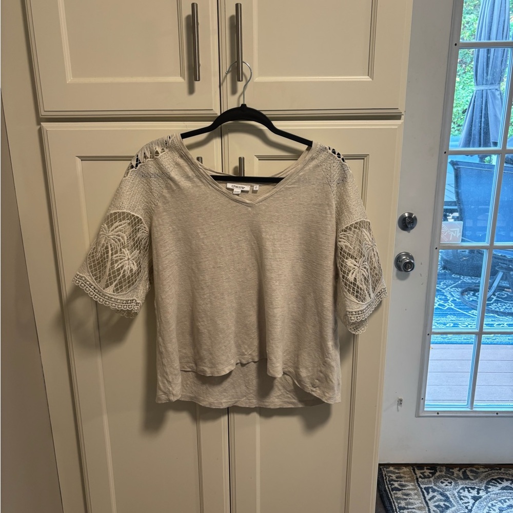 Chico's Cream Linen Lace Sleeve Tee size Large!